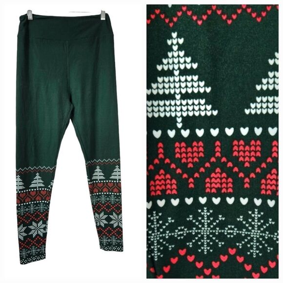 LuLaRoe Green Fair Isle One Size (2-10) So Soft Legging Christmas Holiday Season - Picture 1 of 7